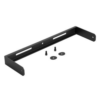 Suporte metálico preto com parafusos e arruelas em fundo branco