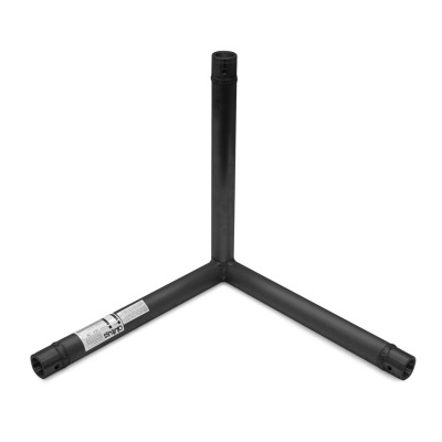 Estrutura metálica preta em forma de Y com etiqueta