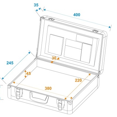 Maleta cinza clara aberta com dimensões em milímetros