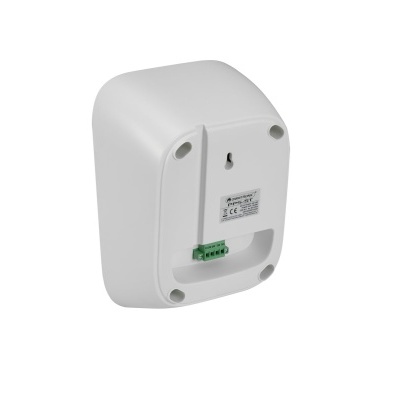 Dispositivo eletrónico branco retangular arredondado visto de trás com etiqueta e porta verde