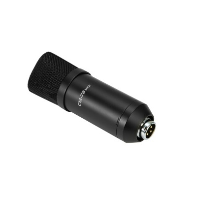 Microfone condensador preto com grelha em metal e conector XLR.