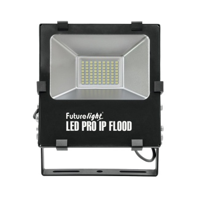Refletor LED preto Futurelight com texto branco e suporte ajustável