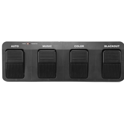 Painel negro com quatro botões deslizantes e etiquetas AUTO, MUSIC, COLOR, BLACKOUT