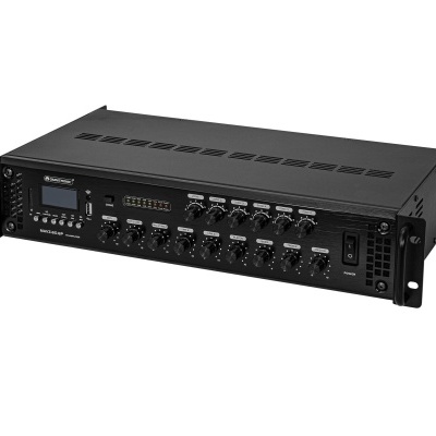 Amplificador de som preto com botões e mostrador digital