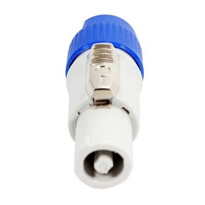 Conector elétrico branco e azul com grampo metálico