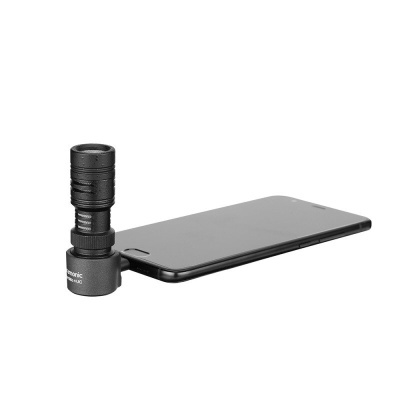 Telemóvel preto com lente macro Panasonic montada