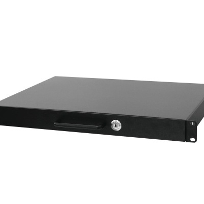 Gaveta de metal preta para montagem em rack com fecho de chave