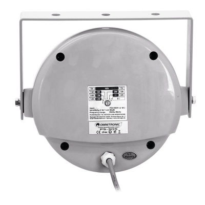 Dispositivo redondo cinzento com suporte metálico e etiqueta técnica