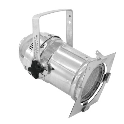 Refletor de palco metálico prateado com suporte ajustável.