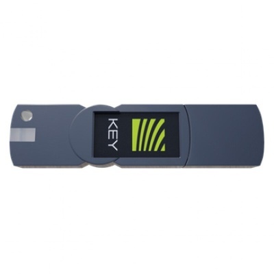 Pen USB cinzento escuro com ecrã digital e palavra 'KEY'