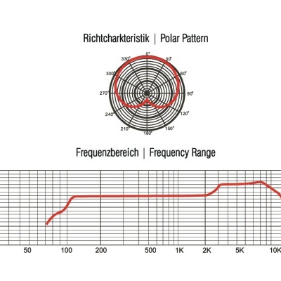 Gráficos de características polares e faixa de frequência com texto em alemão e inglês.