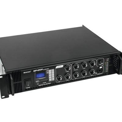 Amplificador profissional negro com ecrã digital azul e botões de controlo pretos