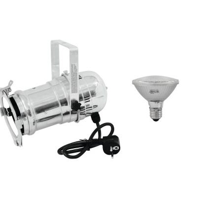 Luz de palco metálica prateada com lâmpada PAR30 preta ao lado.