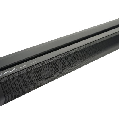 Barra de som preta IHOS com grelha frontal texturizada.