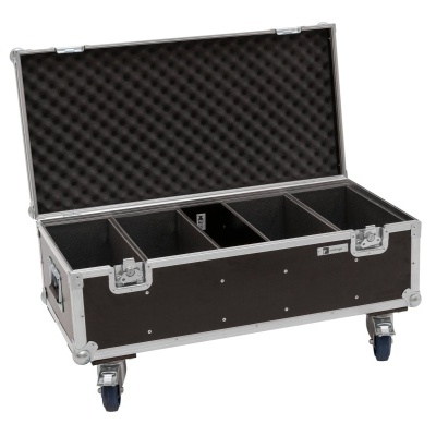 Mala de transporte preta com cantos de metal e divisórias internas acolchoadas