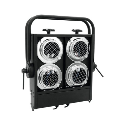 Projetor de luz preto com quatro refletores circulares e grelha prateada