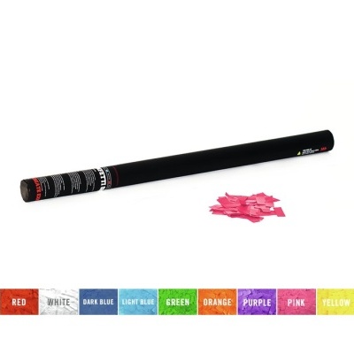 Cano de confetis preto com confetis rosa ao lado e escala de cores embaixo