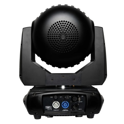 Luz móvel preta circular com orifícios, suporte preto e conexões na base