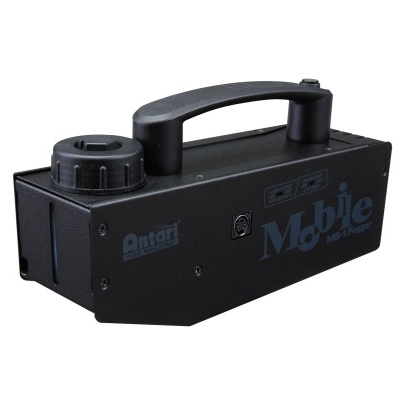 Máquina de fumo portátil preta com pega e textos Antari e Mobile Mini-Tron