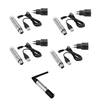 Apontadores laser prateados com cabos e adaptadores em fundo branco