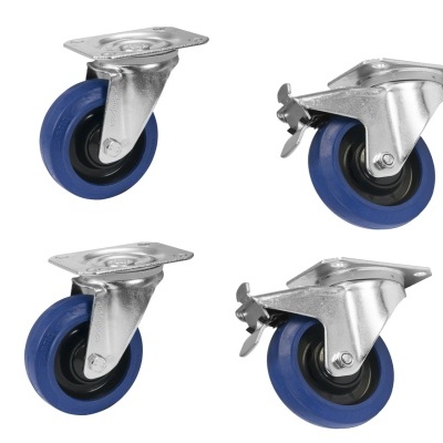 Conjunto de quatro rodas giratórias para móveis azul e metálicas