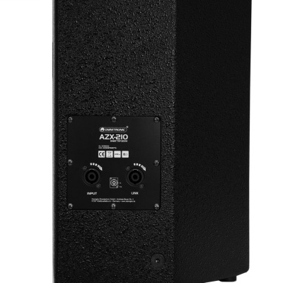 Coluna de som preta com painel traseiro e etiqueta AZX-210