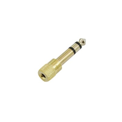 Adaptador de áudio metálico dourado com jack 3,5 mm macho a jack 6,35 mm fêmea