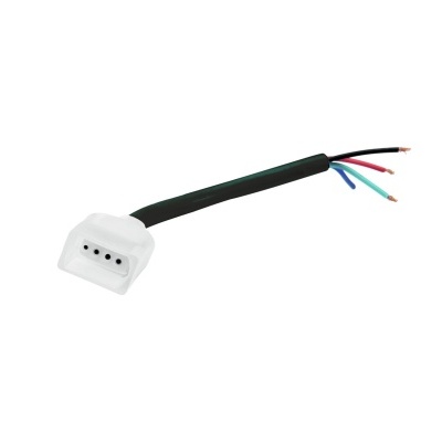 Conector elétrico branco com cabo preto e fios expostos