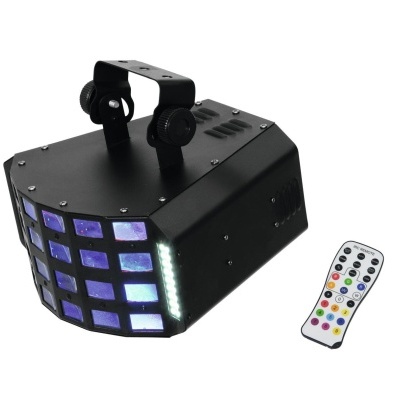 Equipamento de iluminação de palco preto com janelas quadradas azuis e comando remoto colorido