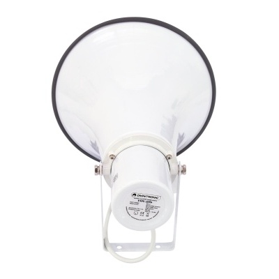 Megafone branco e preto com estrutura metálica