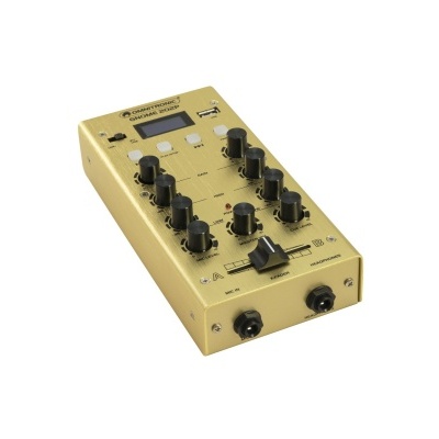 Mesa de mistura de áudio compacta bege com botões e ecrã