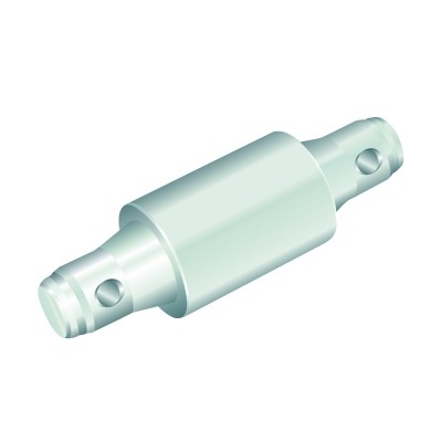 Componente metálico cilíndrico prateado com orifícios nos extremos