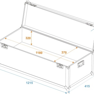 Desenho técnico de baú aberto com dimensões em milímetros