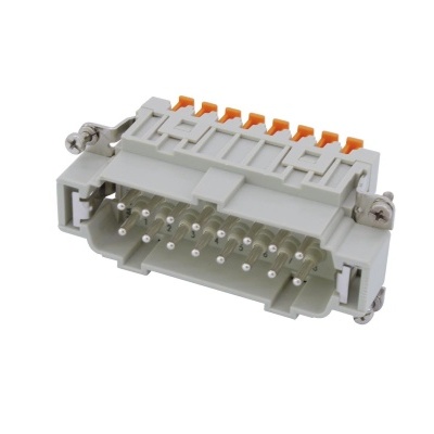 Conector elétrico retangular cinza com pinos metálicos e alavancas laranja