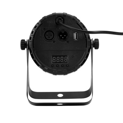 Luz de palco circular preta com painel traseiro e suportes metálicos