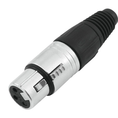 Conector XLR metálico prateado com acabamento plástico preto