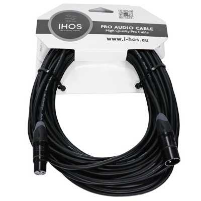 Cabo de áudio profissional preto com plugues XLR e embalagem branca