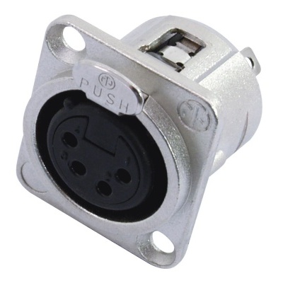 Conector XLR metálico prateado com três pinos