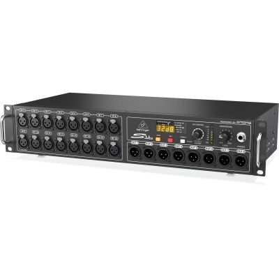 Interface de áudio preta Behringer com entradas e saídas XLR e display digital