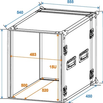 Rack de equipamentos eletrónicos com medidas técnicas destacadas em milímetros e polegadas.