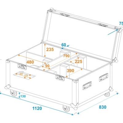 Caixa de transporte metálica com tampa aberta e rodas