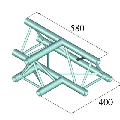 Estrutura metálica triangular prateada com dimensões marcadas