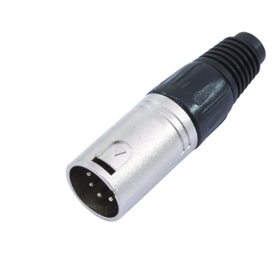 Conector XLR masculino prateado com pinos e cabo preto