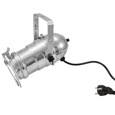 Projetor teatral metálico prateado com cabo preto em fundo branco