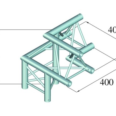 Estrutura metálica tubular azul claro com dimensões 400x400x400 em desenho técnico