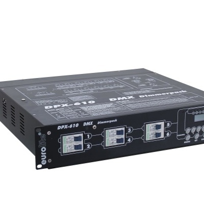Dimmer DMX Euro DPX-610 preto com 6 unidades de controlo e texto frontal.