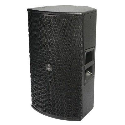 Coluna de som preta com grelha frontal em padrão de colmeia