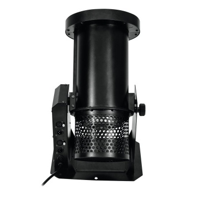 Projetor preto cilíndrico metálico com base quadrada e cabo