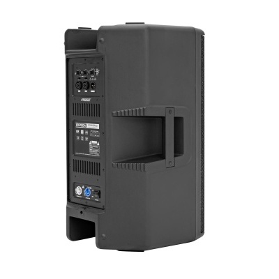 Coluna de som amplificada preta com painel traseiro e pegas laterais