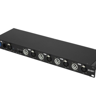 Interface de áudio preto com conectores XLR e botões de controlo